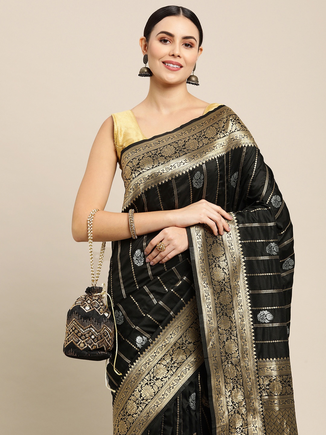 

Royal Rajgharana Saree Black & Gold-Toned Ethnic Motifs Zari Celebrity Banarasi Sarees