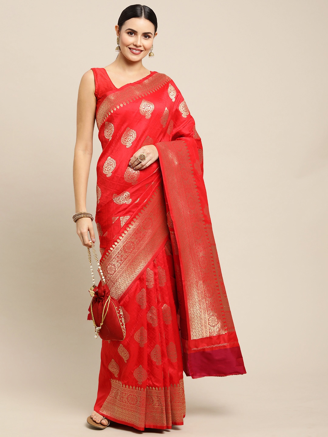 

Royal Rajgharana Saree Red & Gold Ethnic Motifs Zari Silk Blend Celebrity Banarasi Sarees