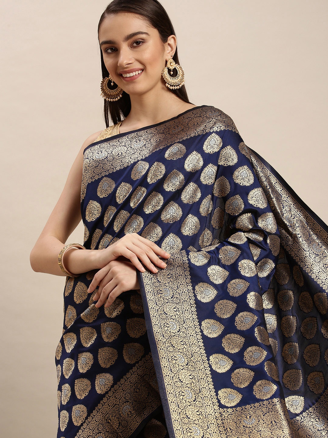 

Royal Rajgharana Saree Navy Blue & Gold Ethnic Motifs Zari Celebrity Banarasi Sarees