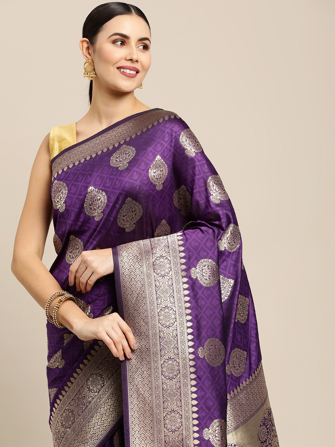 

Royal Rajgharana Saree Aubergine & Gold Ethnic Motifs Zari Celebrity Banarasi Sarees, Purple