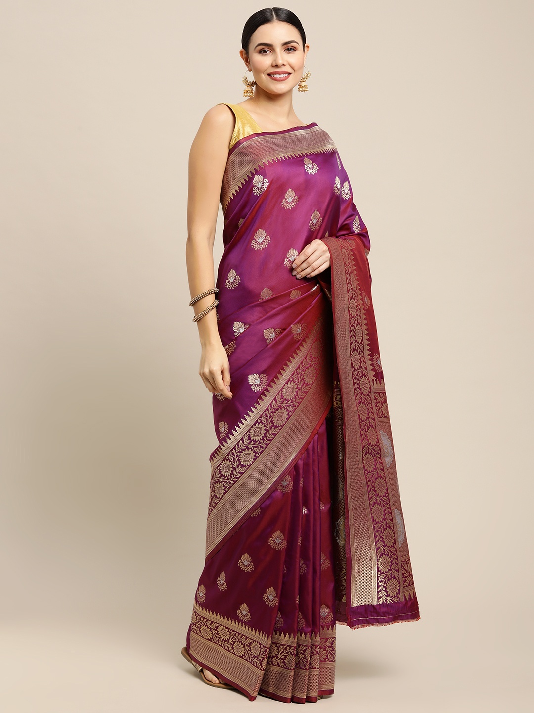

Royal Rajgharana Saree Purple & Gold Ethnic Zari Silk Blend Celebrity Banarasi Sarees