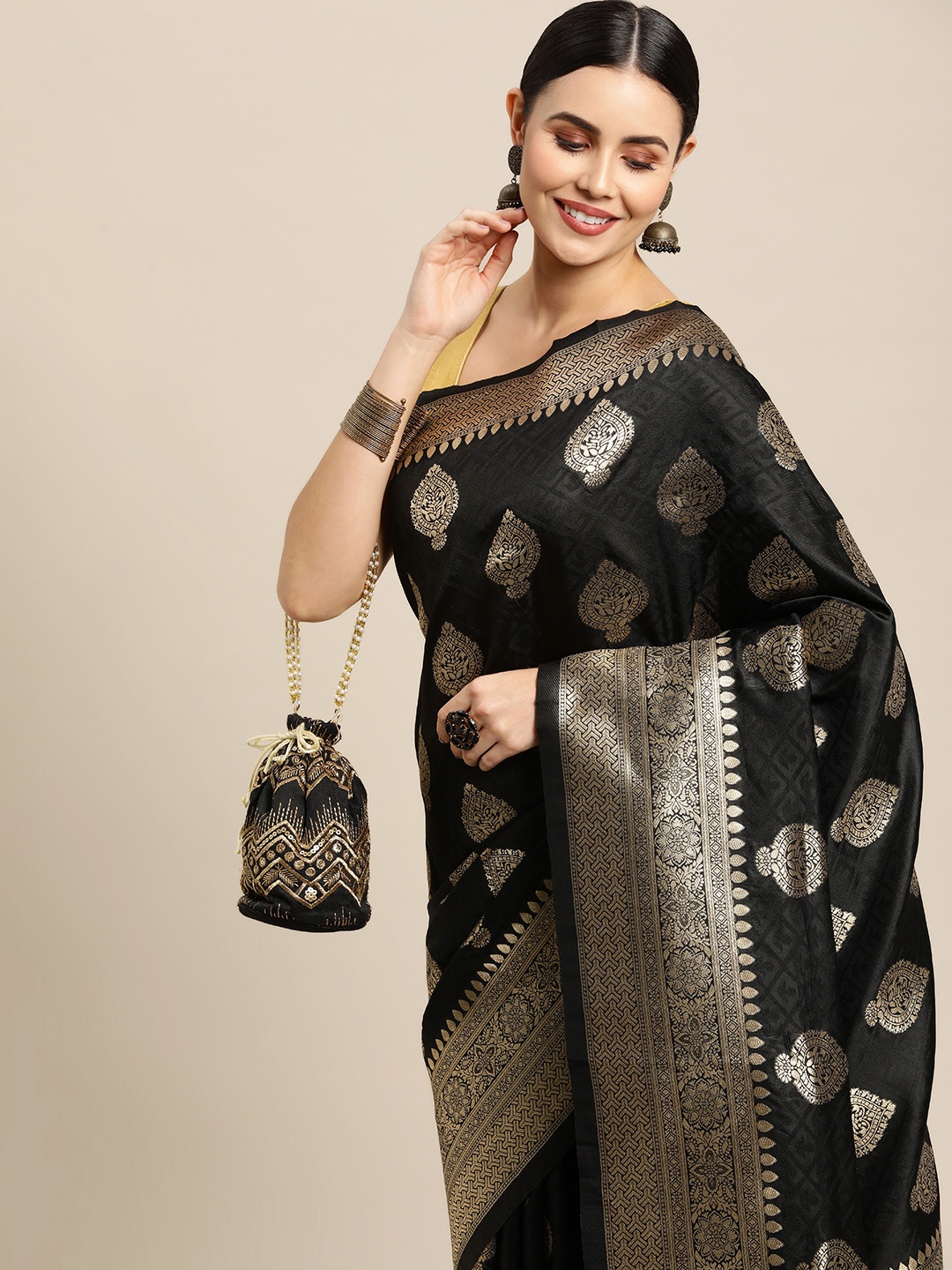 

Royal Rajgharana Saree Black & Gold Ethnic Motifs Zari Celebrity Banarasi Sarees