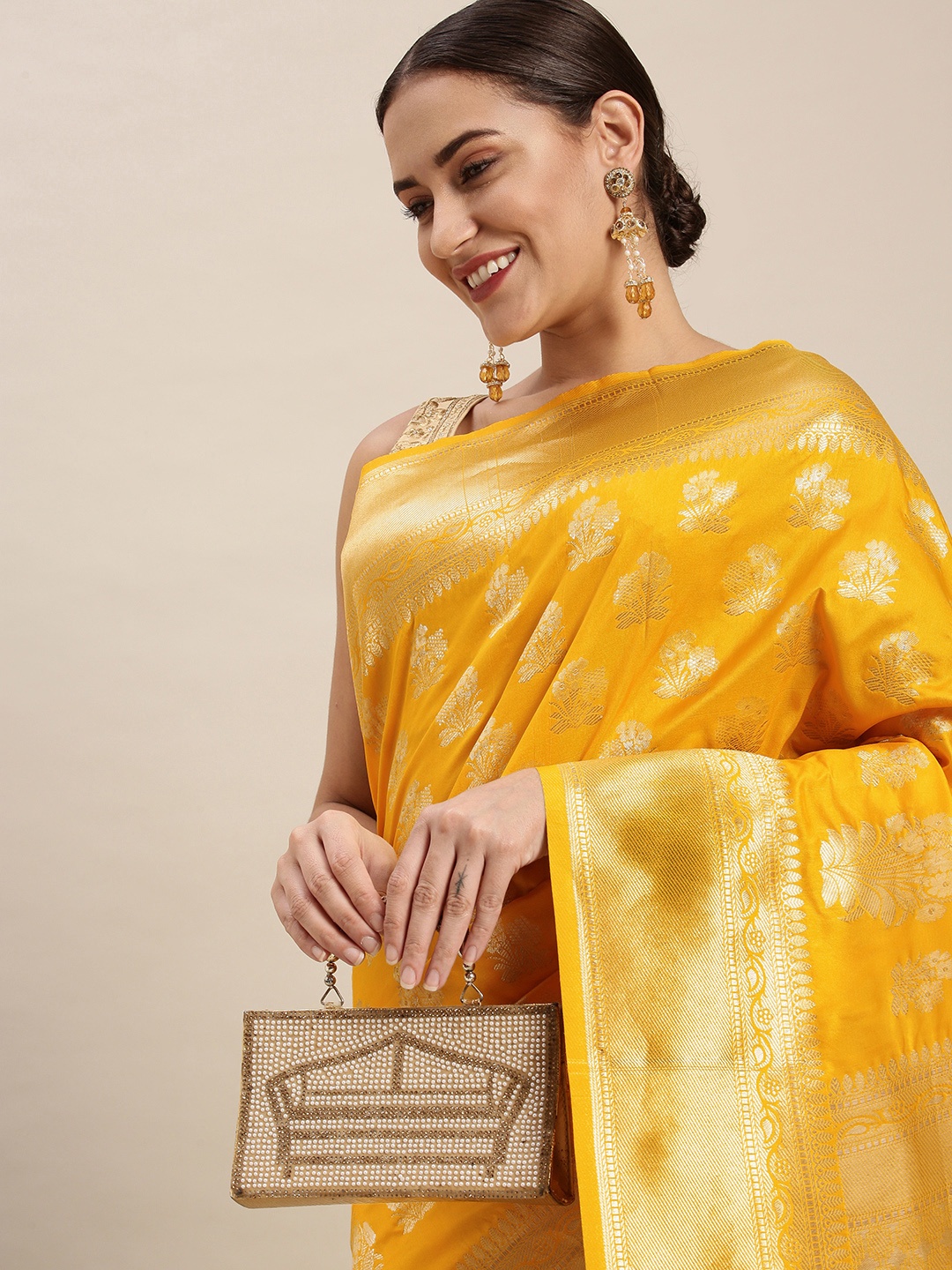

Royal Rajgharana Saree Mustard Yellow & Gold Floral Zari Celebrity Banarasi Sarees