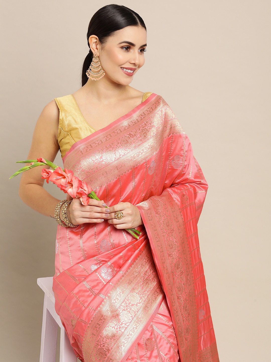 

Royal Rajgharana Saree Peach-Coloured & Gold Ethnic Motifs Zari Celebrity Banarasi Sarees