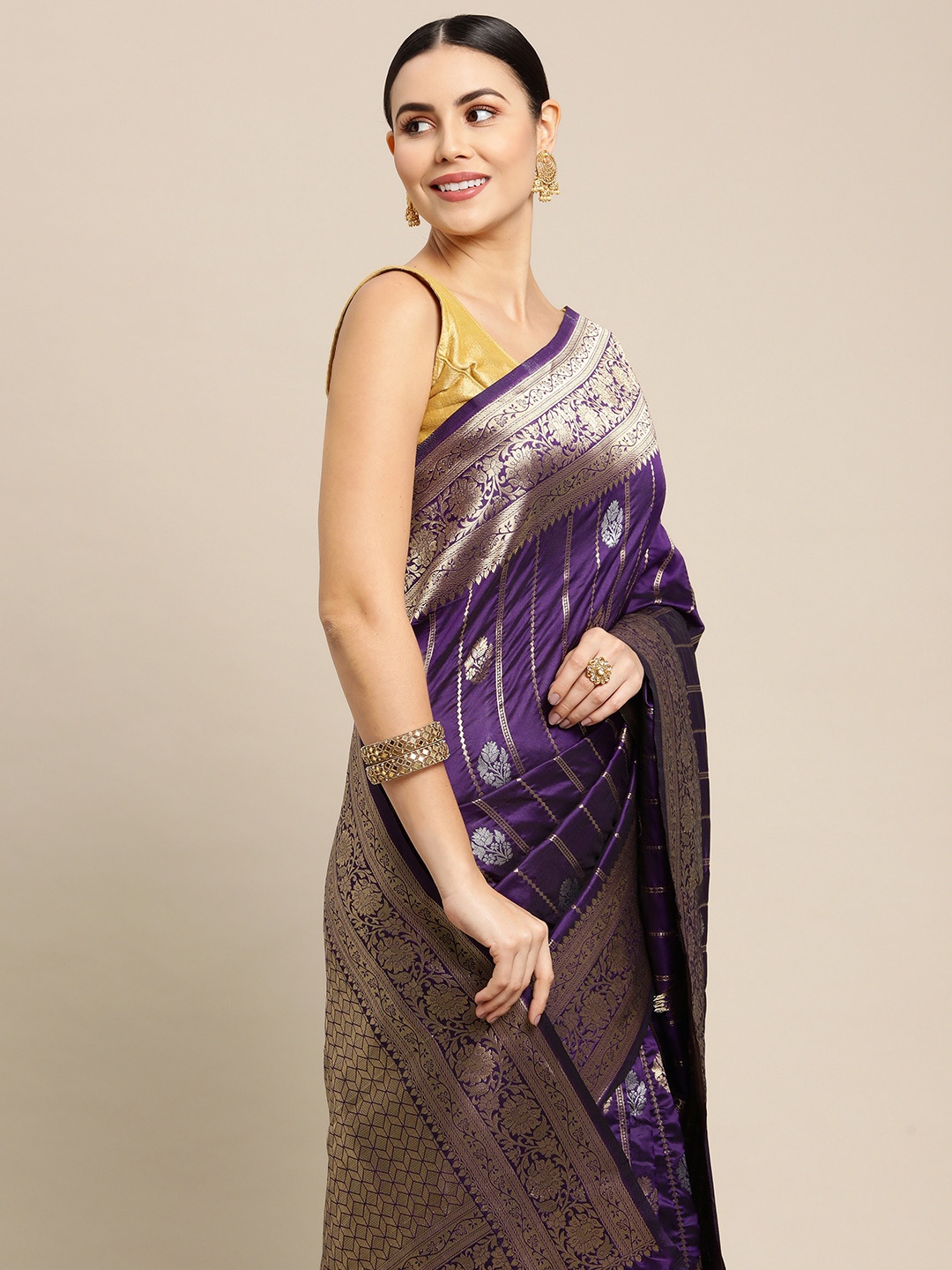 

Royal Rajgharana Saree Aubergine & Gold Ethnic Motifs Zari Celebrity Banarasi Sarees, Purple