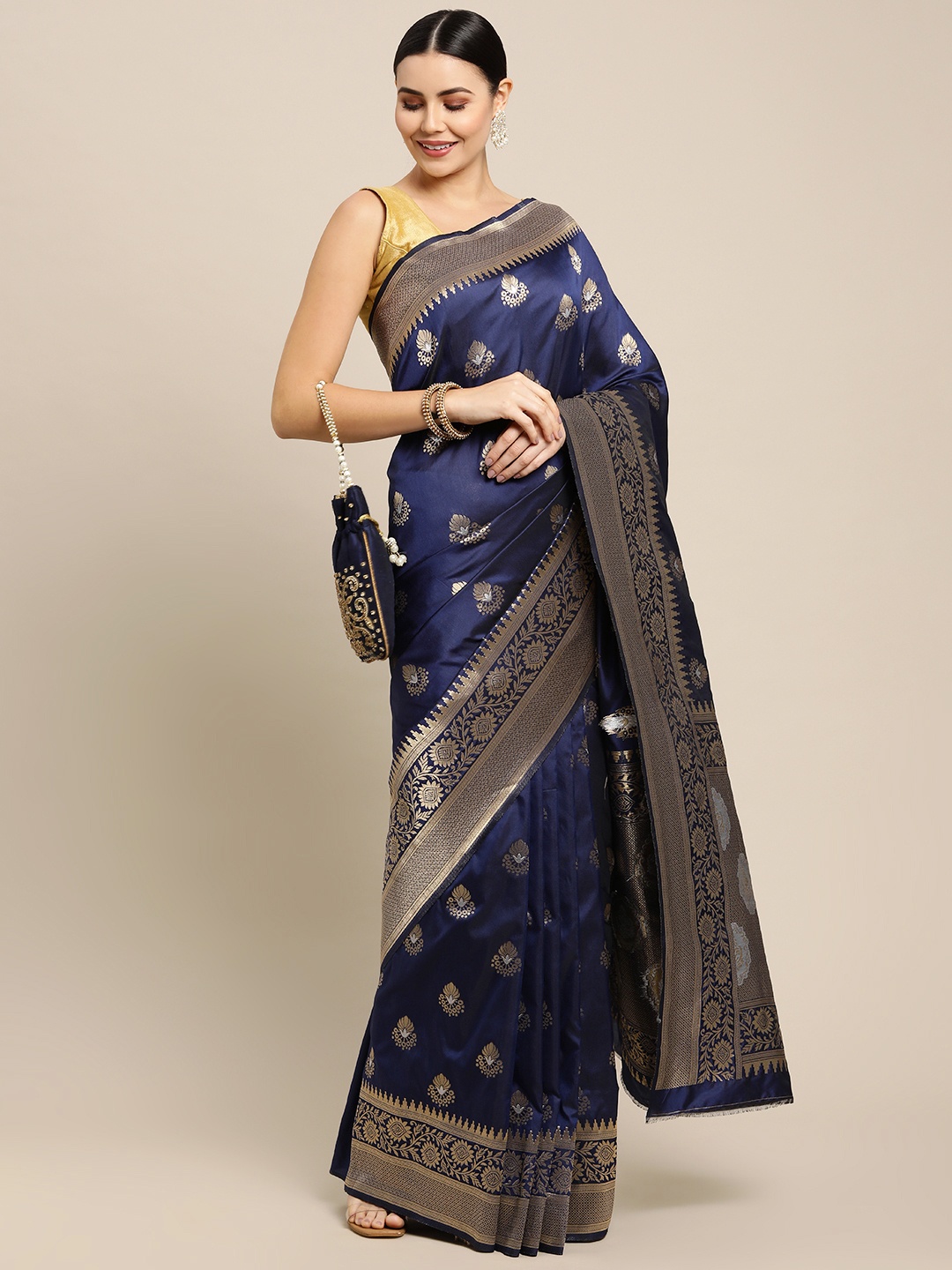 

Royal Rajgharana Saree Navy Blue & Gold Ethnic Motifs Zari Celebrity Banarasi Sarees