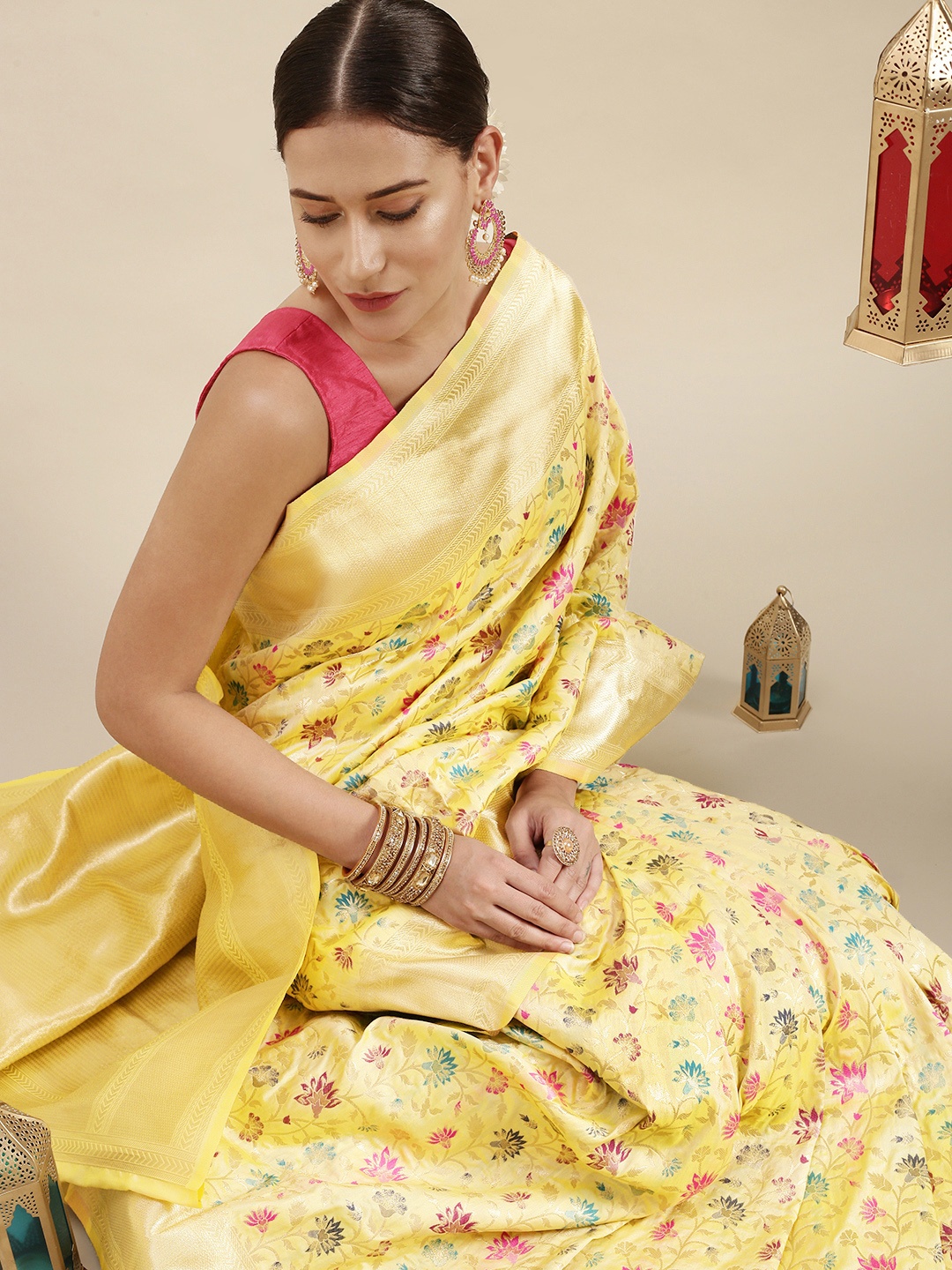 

Royal Rajgharana Saree Beige & Pink Floral Zari Silk Blend Celebrity Banarasi Sarees