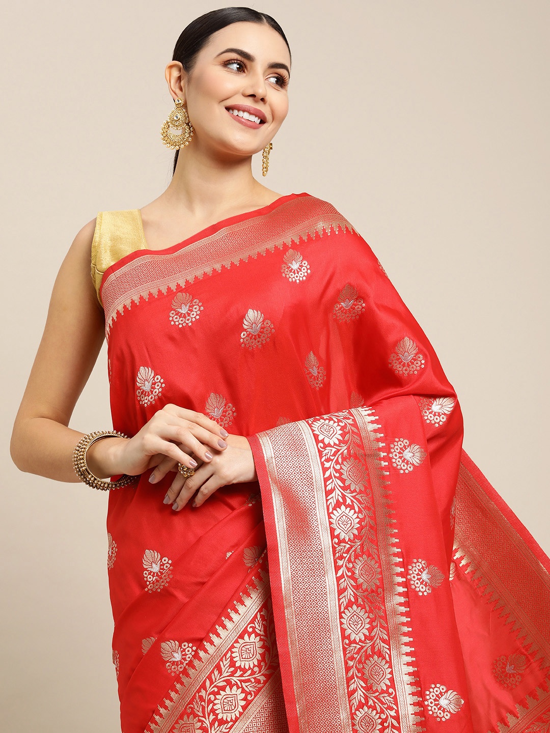 

Royal Rajgharana Saree Red & Gold Ethnic Motifs Zari Silk Blend Celebrity Banarasi Sarees