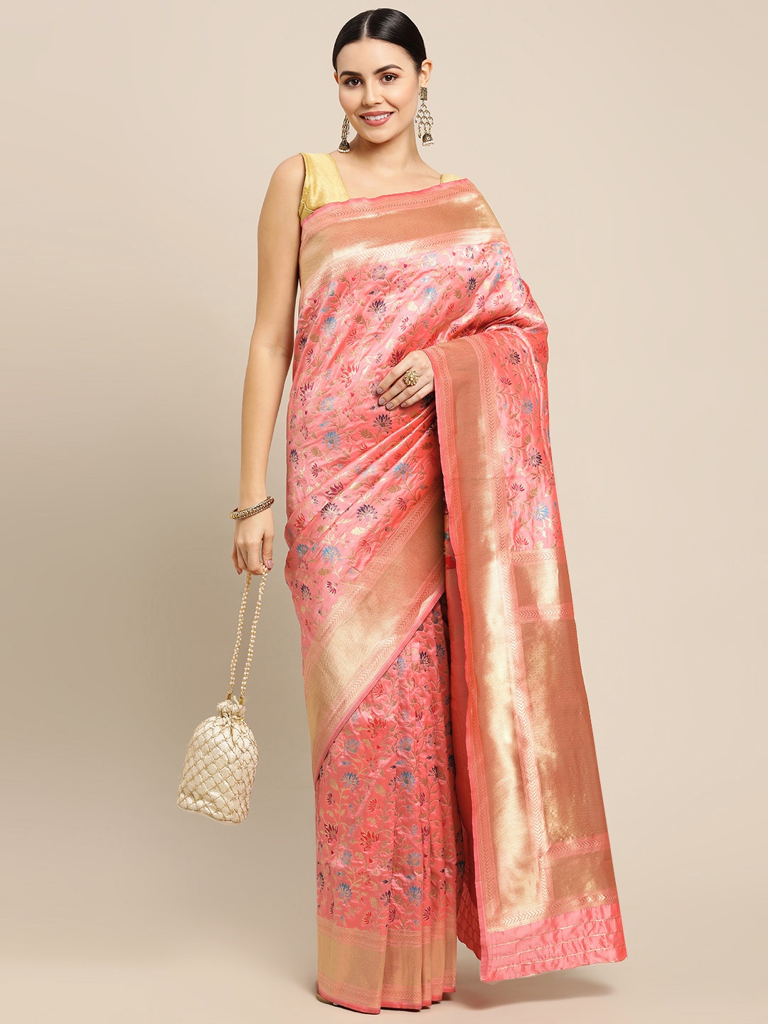 

Royal Rajgharana Saree Peach-Coloured & Gold Floral Zari Celebrity Banarasi Sarees