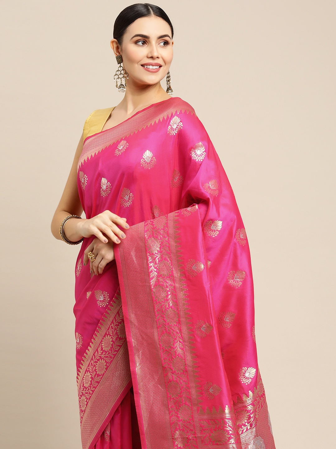 

Royal Rajgharana Saree Pink & Gold Ethnic Motifs Zari Celebrity Banarasi Sarees