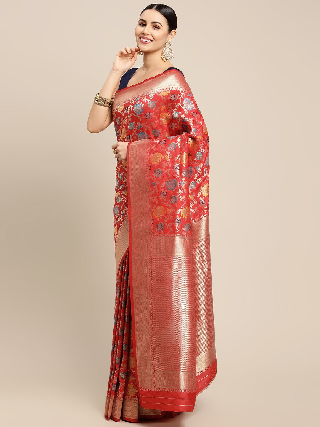 

Royal Rajgharana Saree Red & Gold Floral Zari Silk Blend Celebrity Banarasi Sarees