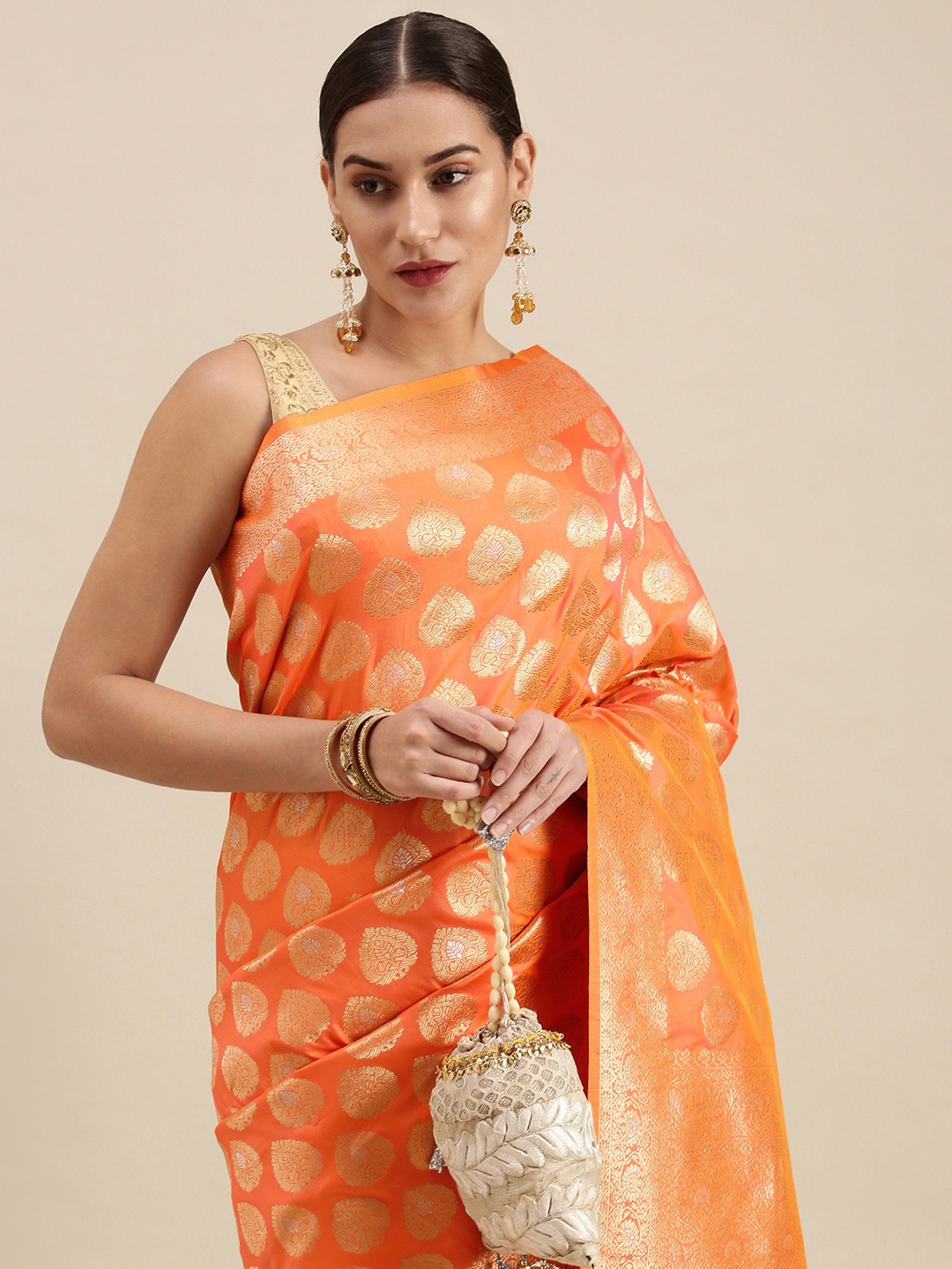 

Royal Rajgharana Saree Orange & Gold Ethnic Motifs Zari Celebrity Banarasi Sarees
