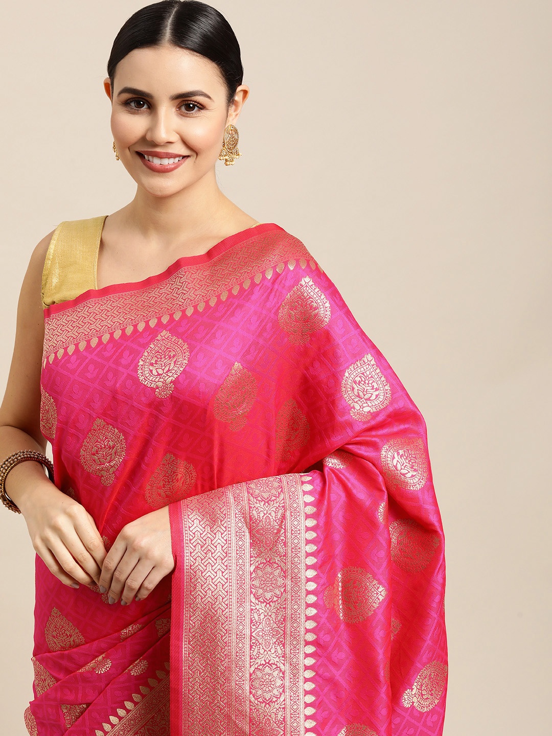 

Royal Rajgharana Saree Pink & Gold Ethnic Motifs Zari Celebrity Banarasi Sarees
