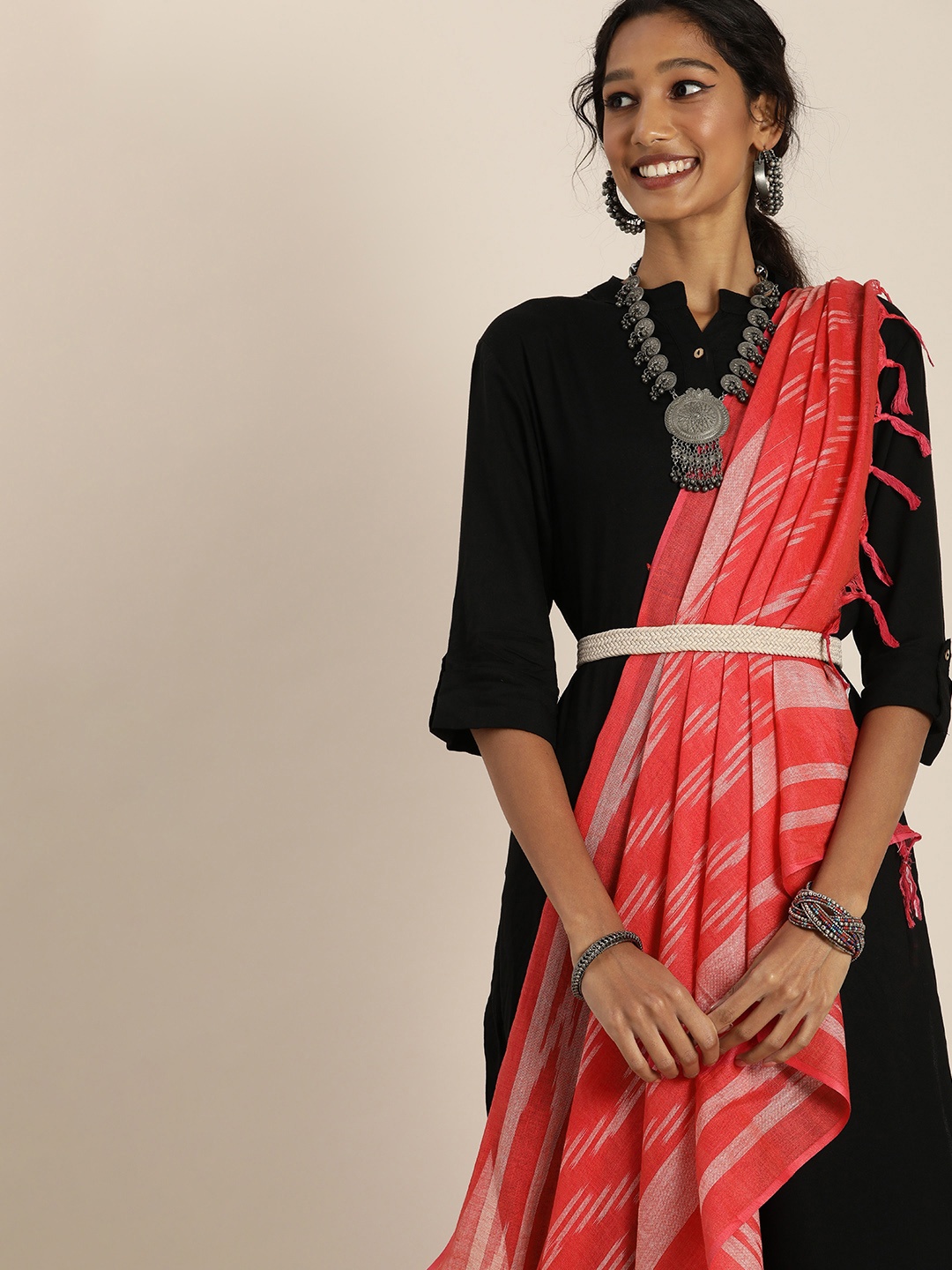 

Taavi Red Ethnic Motifs Woven Design Pure Cotton Ikat Dupatta
