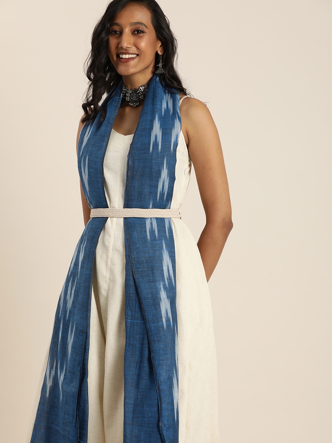 

Taavi Navy Blue Ethnic Motifs Woven Design Pure Cotton Ikat Dupatta