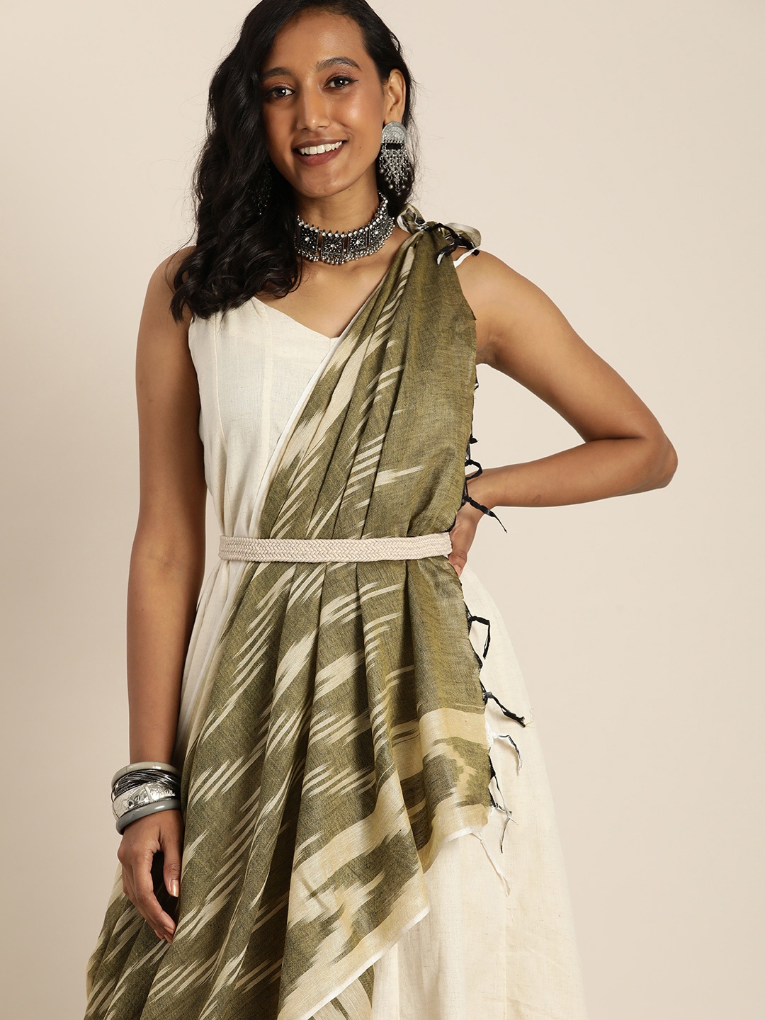 

Taavi Olive Green Ethnic Motifs Woven Design Pure Cotton Ikat Dupatta