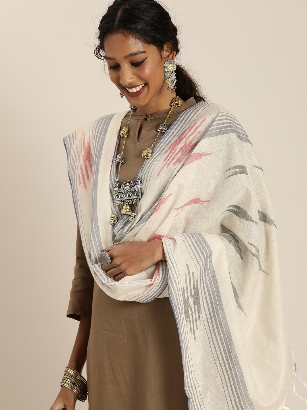 Taavi White & Red Pure Cotton Woven Design Ikat Dupatta