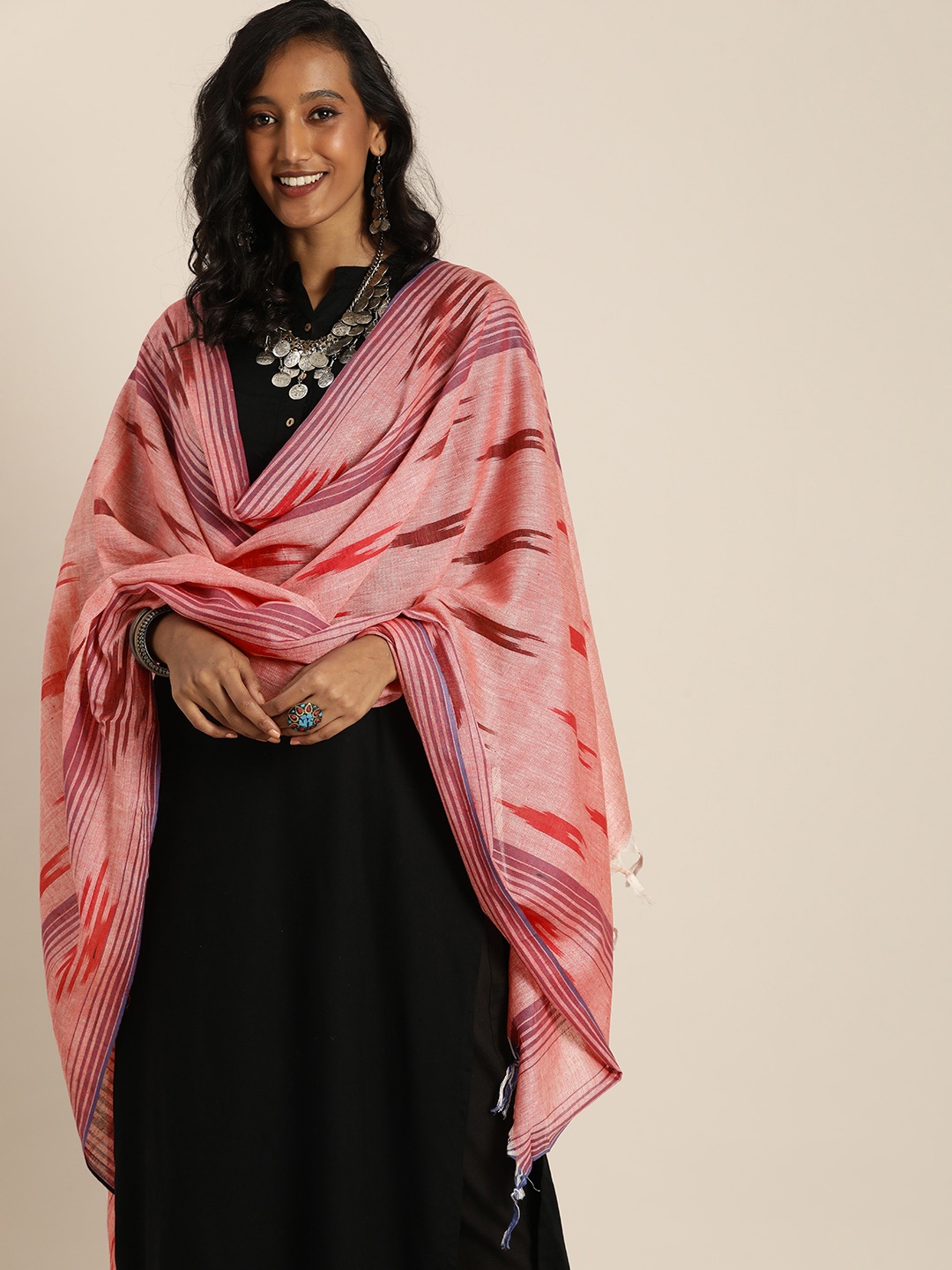 

Taavi Red & Maroon Pure Cotton Woven Design Ikat Dupatta