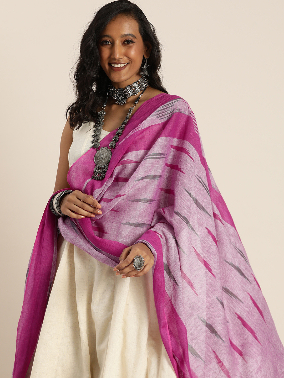 

Taavi Purple & Grey Pure Cotton Woven Design Ikat Dupatta