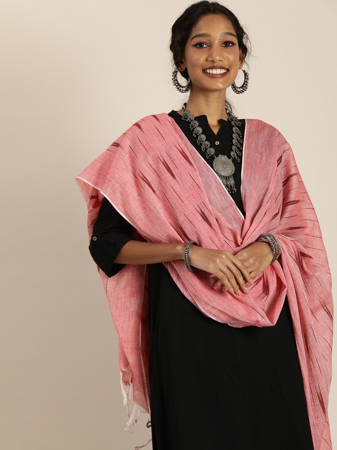 

Taavi Red Ethnic Motifs Woven Design Pure Cotton Ikat Dupatta