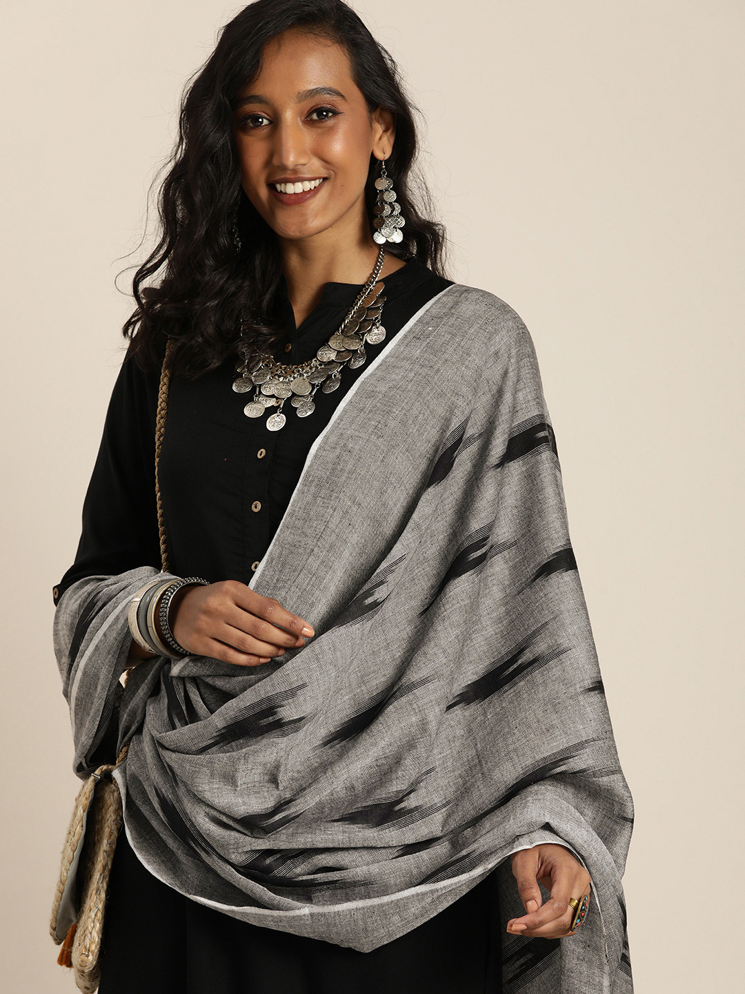 

Taavi Grey & Black Ethnic Motifs Woven Design Pure Cotton Ikat Dupatta
