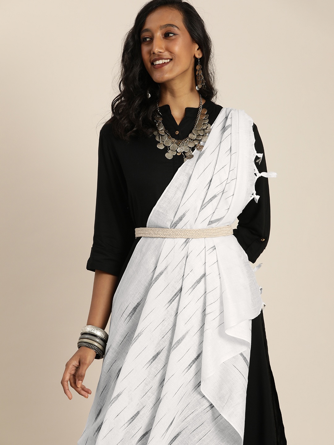 

Taavi White & Black Ethnic Motifs Woven Design Pure Cotton Ikat Dupatta