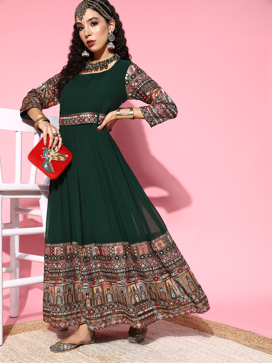 

Kvsfab Women Gorgeous Ethnic Motifs Gown for Days, Green