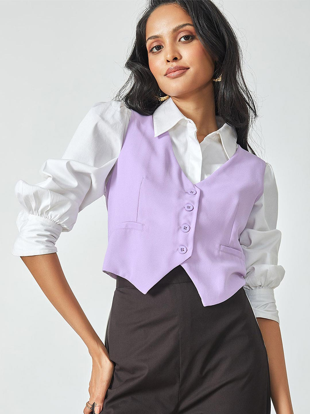 

The Label Life Violet Button Down Crepe Shirt Style Top