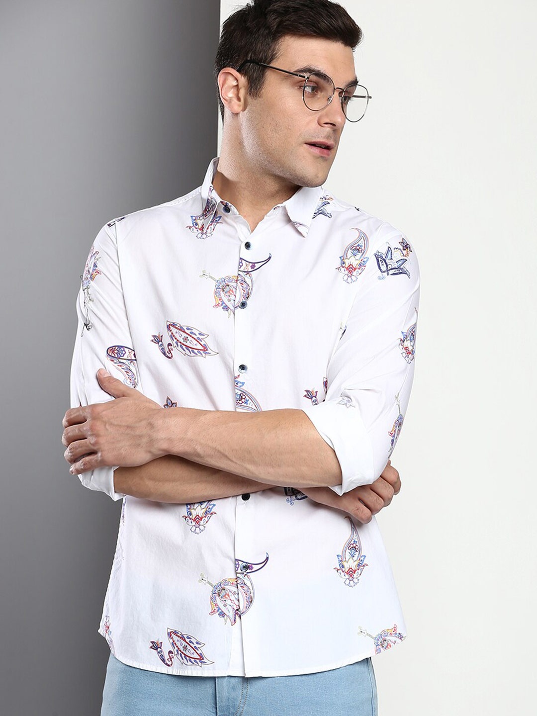 

Dennis Lingo Men White Slim Fit Printed Casual Shirt