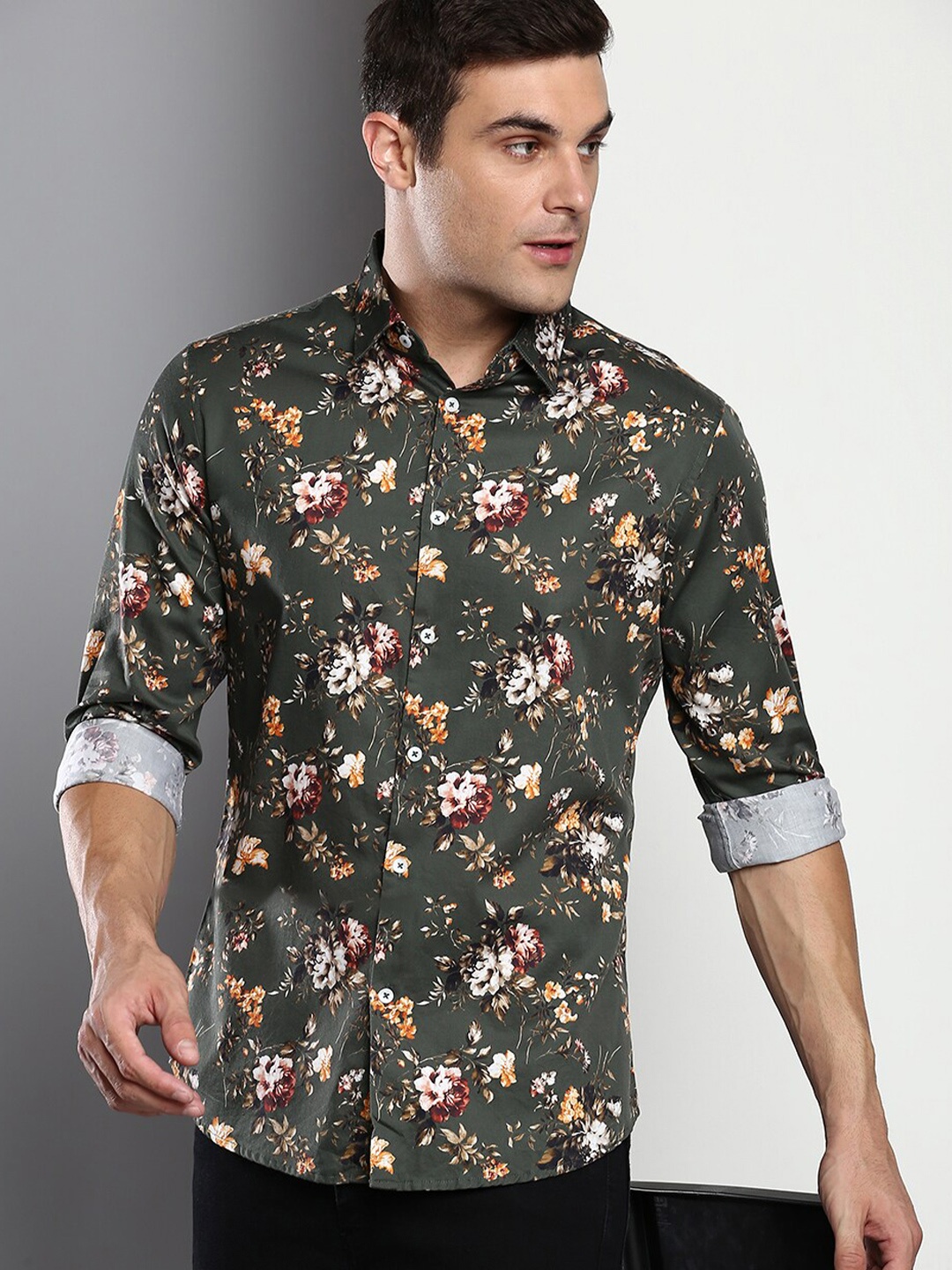 

Dennis Lingo Men Green Slim Fit Floral Printed Casual Shirt