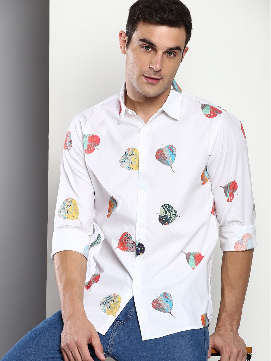 

Dennis Lingo Men White Slim Fit Printed Casual Shirt