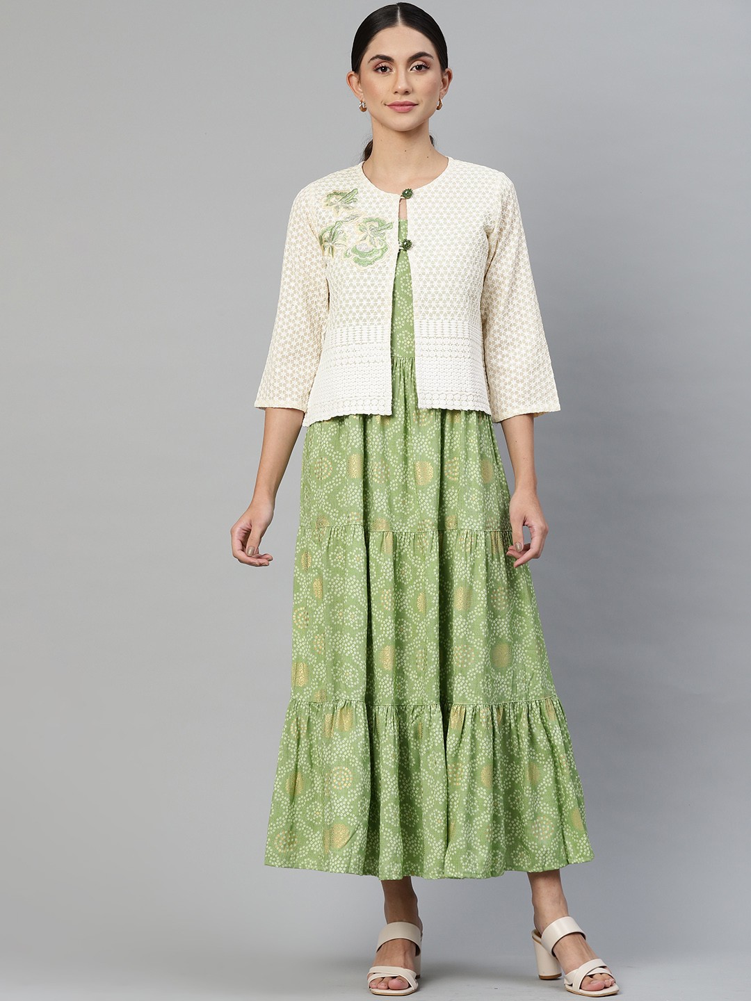 

Readiprint Fashions Green & Off White Ethnic Printed A-Line Midi Dress with Jacket