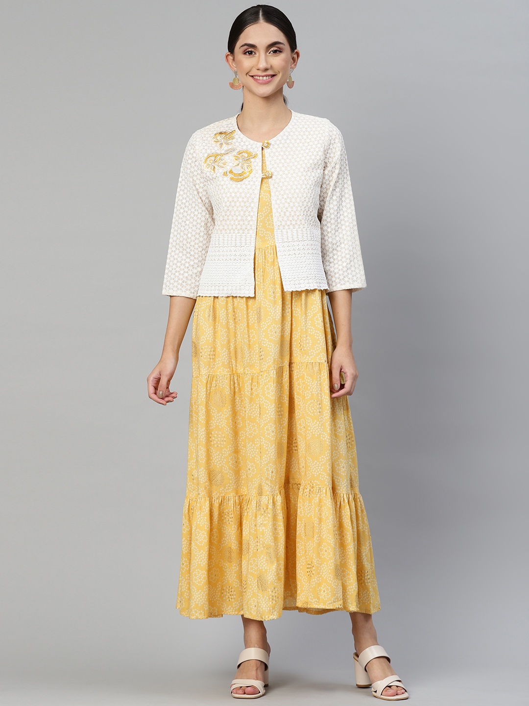 

Readiprint Fashions Mustard Yellow & Off White Printed A-Line Midi Dress with Jacket