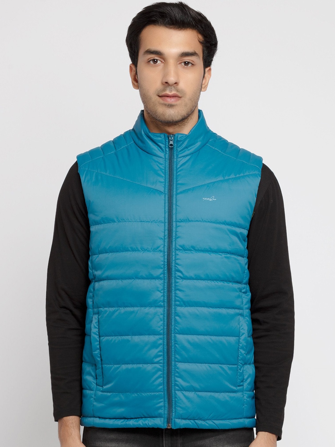 

Status Quo Men Blue Colourblocked Padded Jacket with Embroidered