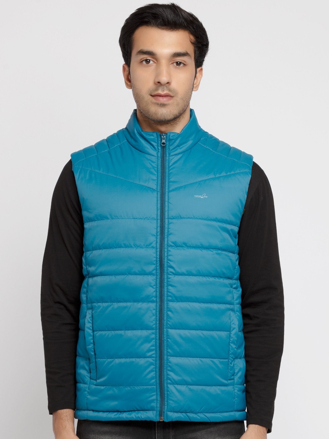 

Status Quo Men Blue Colourblocked Padded Jacket with Embroidered