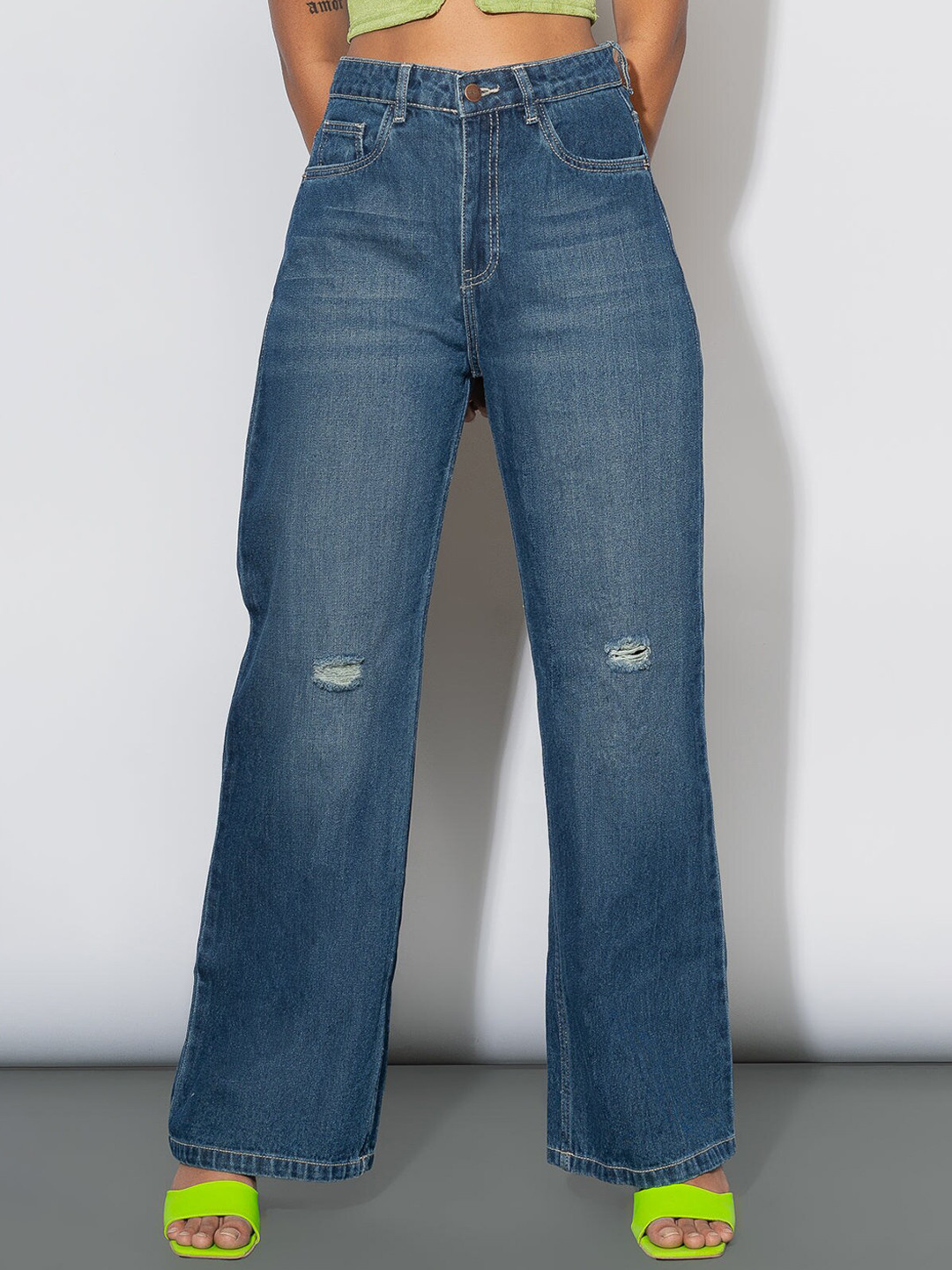 

FREAKINS Women Blue Cotton Wide Leg High-Rise Slash Knee Light Fade Jeans