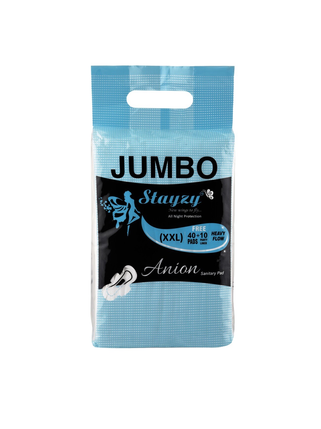 

Stayzy Set of 40 Jumbo Heavy Flow Anion Sanitary Pads with 10 Panty Liners - XXL, Blue