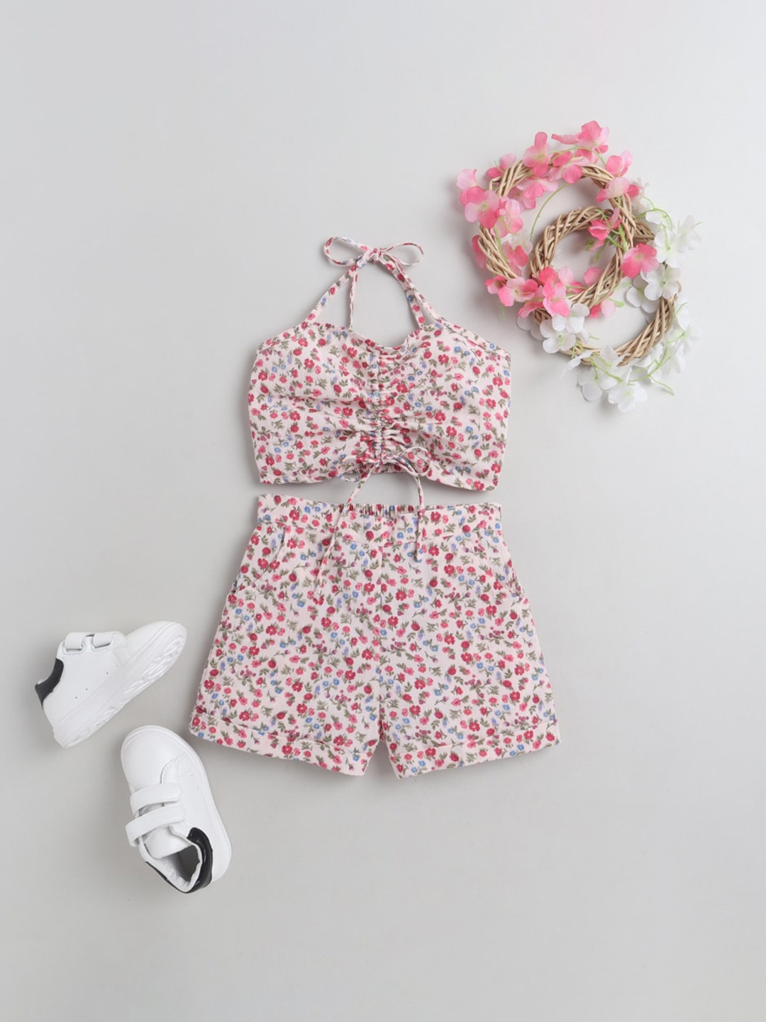 

taffykids Girls White & Pink Ruched Printed Pure Cotton Top with Shorts