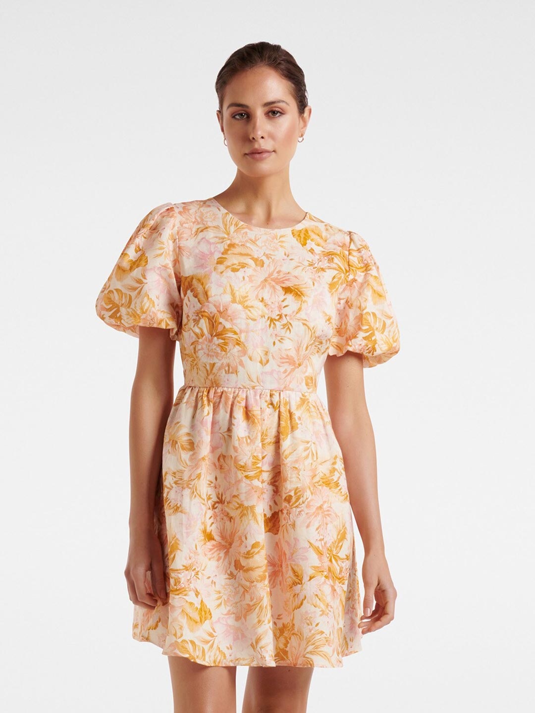 

Forever New Orange & Cream-Coloured Floral Printed Linen Styled Tie Back Mini Dress