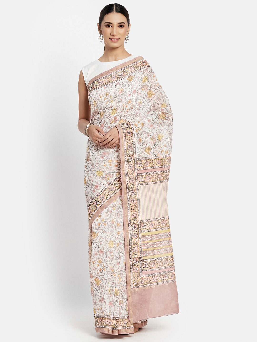 

Fabindia Off White & Yellow Floral Ready to Wear Block Print Saree