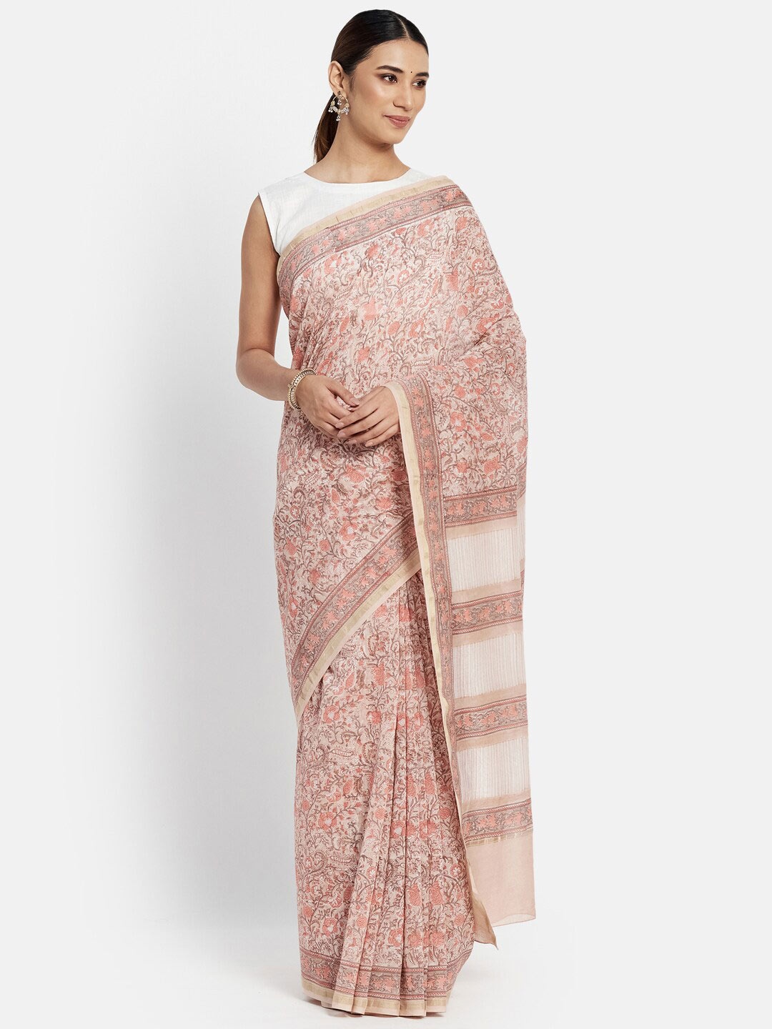 

Fabindia Orange & White Block Print Cotton Silk Saree