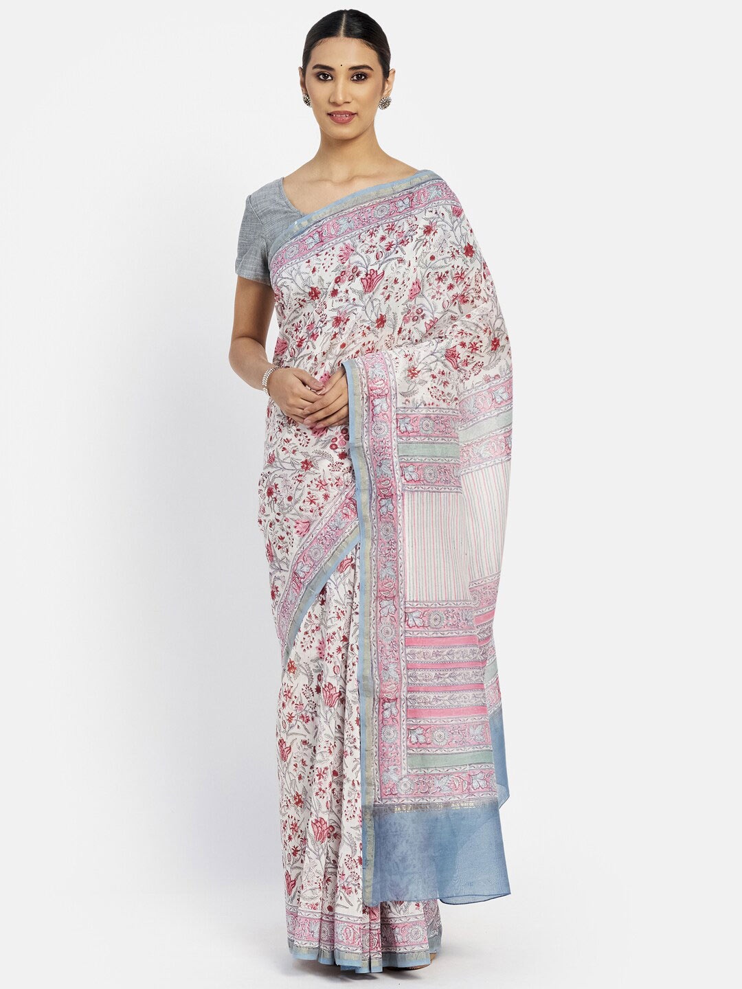 

Fabindia White & Pink Floral Ready to Wear Block Print Saree