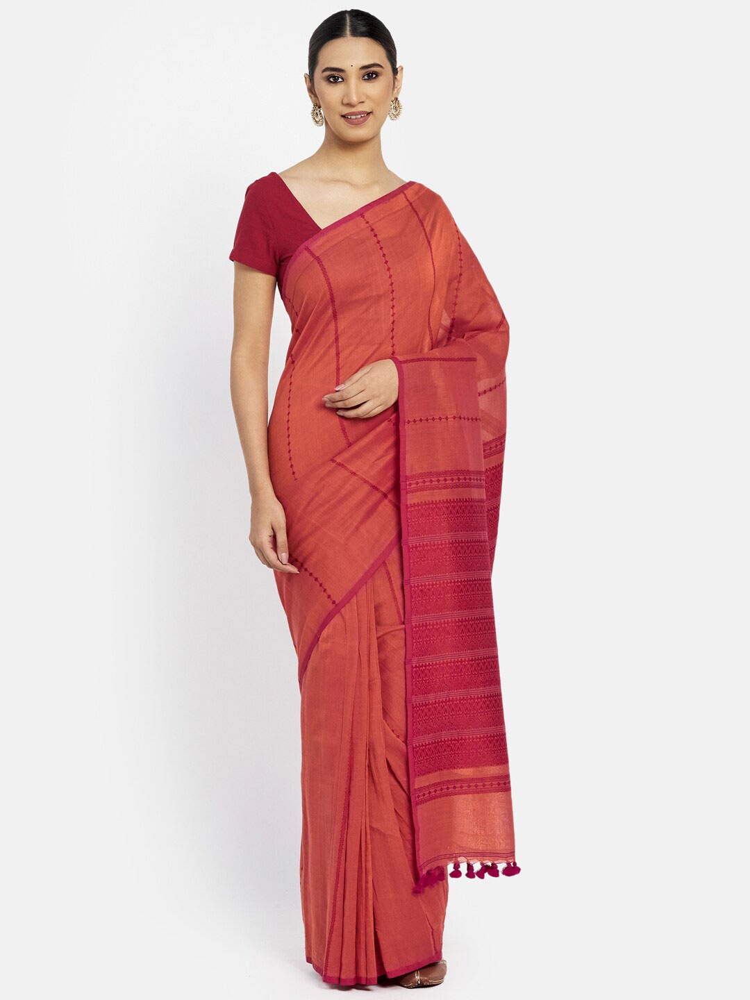 

Fabindia Orange & Red Woven Design Pure Cotton Saree