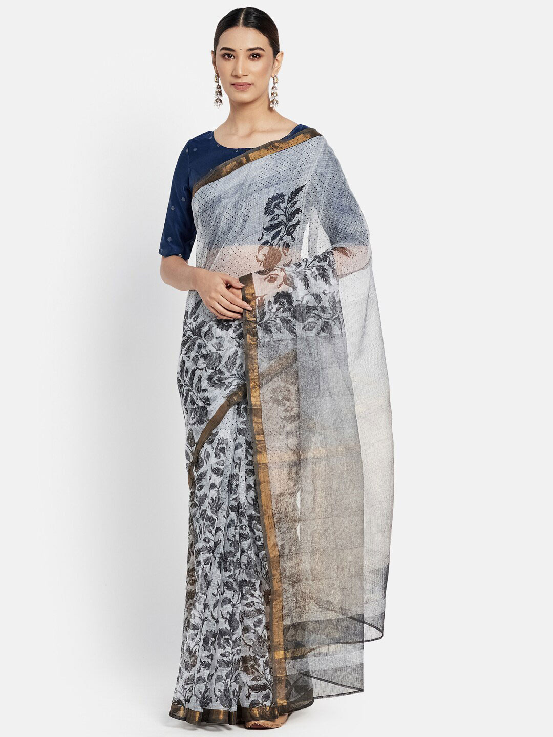 

Fabindia Grey & Black Floral Zari Pure Silk Ready to Wear Block Print Saree