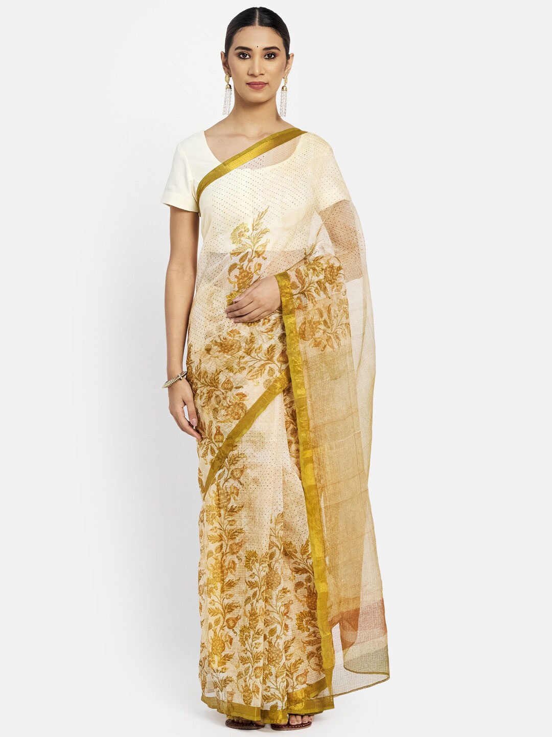 

Fabindia Yellow & White Pure Silk Block Printed Floral Embroidered Saree