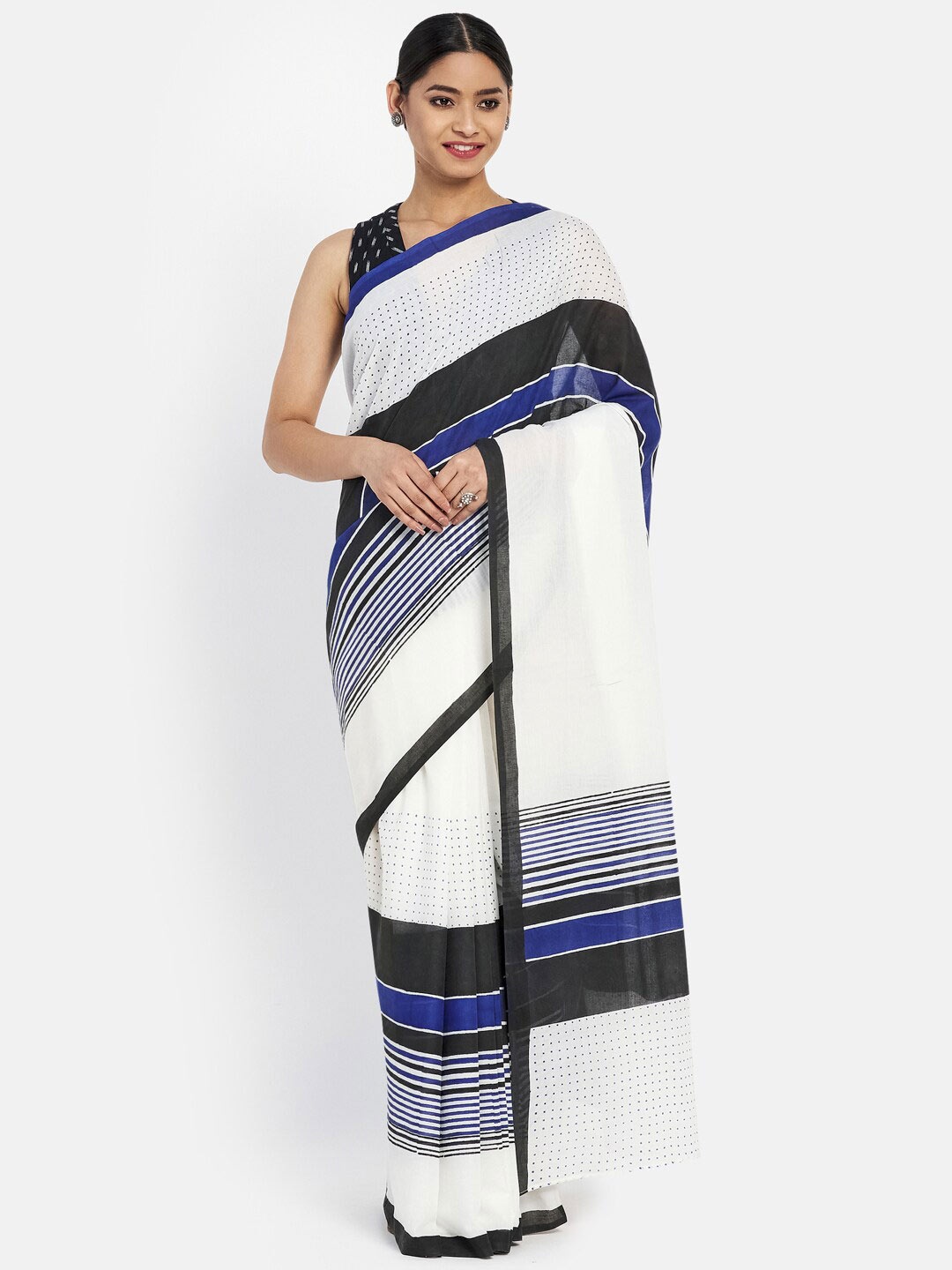 

Fabindia Off White & Black Pure Cotton Block Print Saree