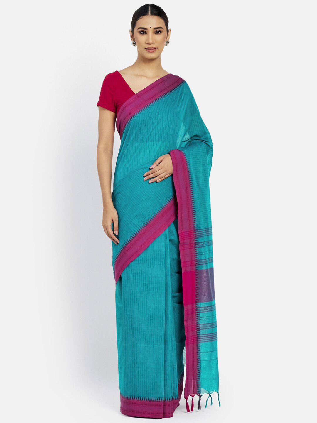 

Fabindia Teal & Pink Striped Pure Cotton Ready to Wear Saree