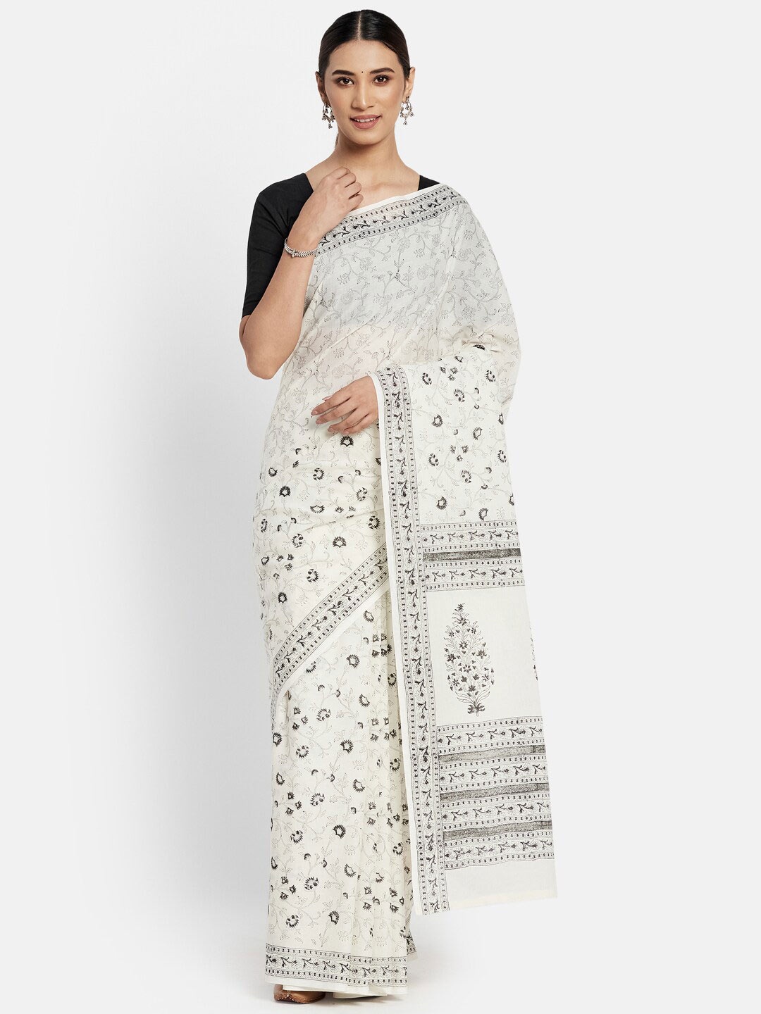 

Fabindia Off White & Grey Floral Pure Cotton Ready to Wear Saree