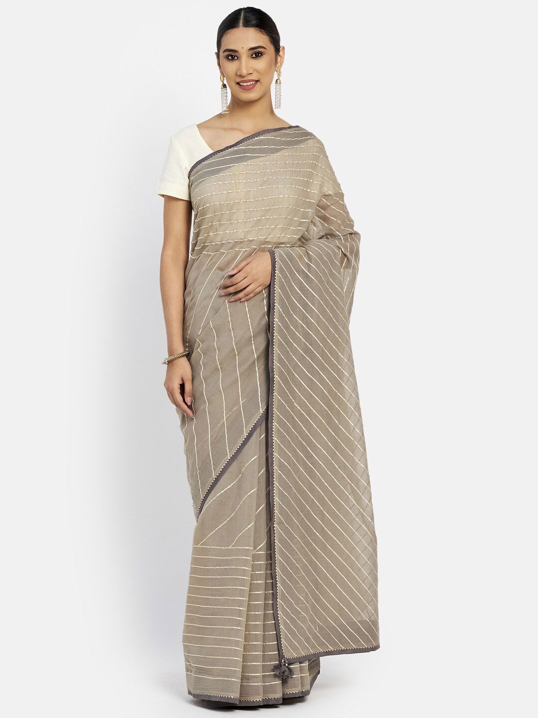 

Fabindia Grey & Gold-Toned Striped Ready to Wear Saree