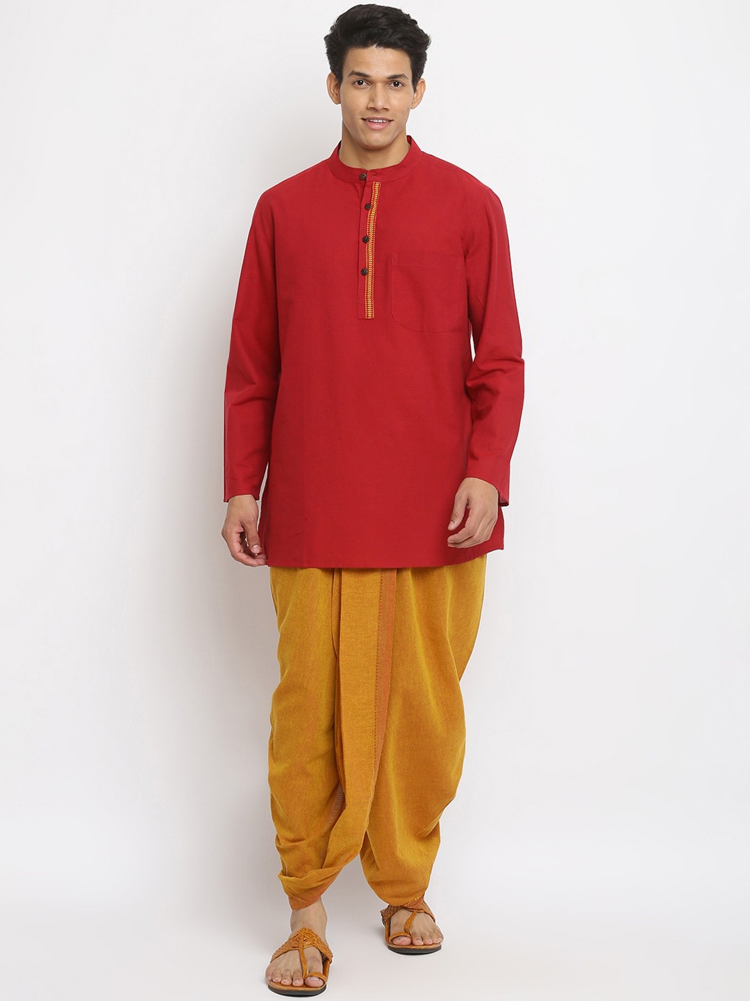 

Fabindia Men Red & Yellow Pure Cotton Kurta with Dhoti Pants, Multi